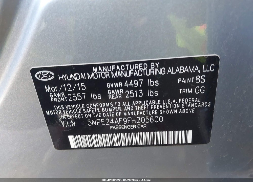 2015 HYUNDAI SONATA VIN: 5NPE24AF9FH205600