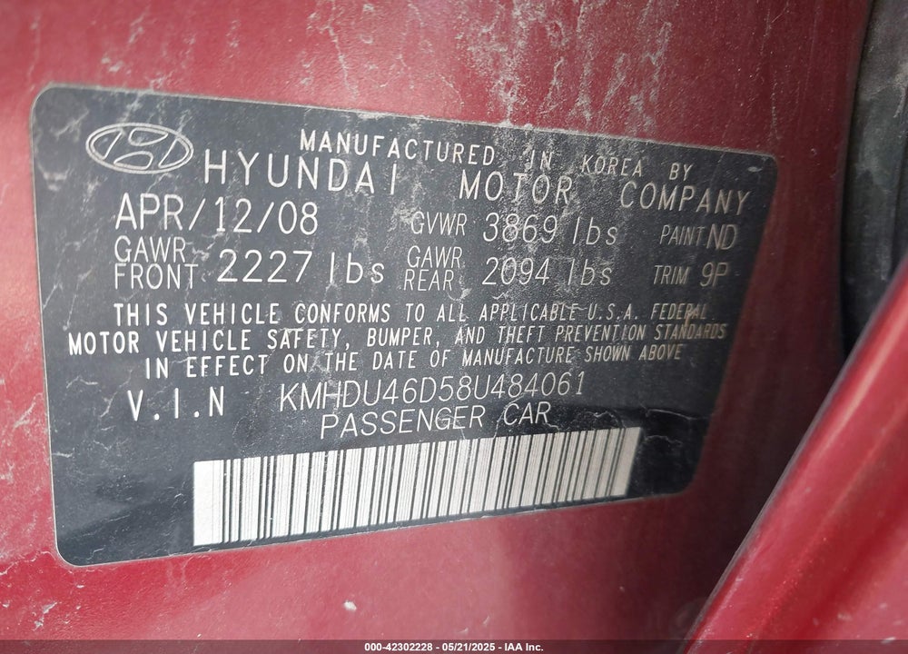 2008 HYUNDAI ELANTRA VIN: KMHDU46D58U484061