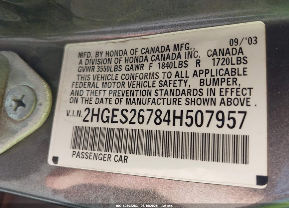 2004 HONDA CIVIC VIN: 2HGES26784H507957