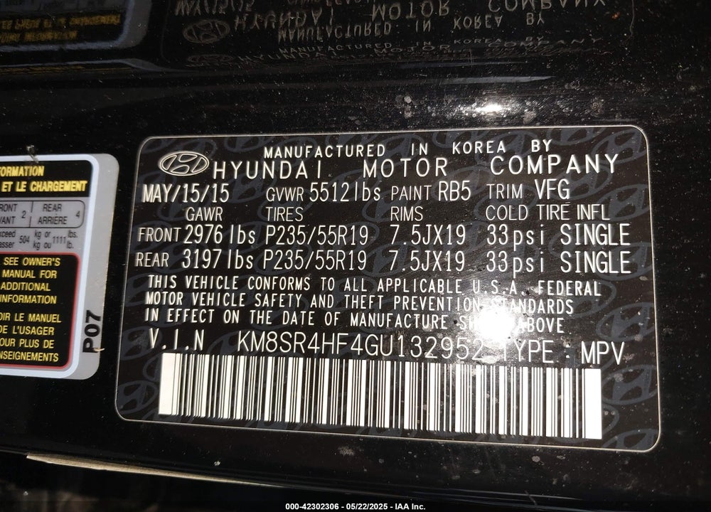 2016 HYUNDAI SANTA FE VIN: KM8SR4HF4GU132952