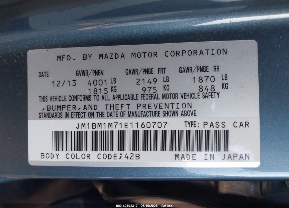 2014 MAZDA MAZDA3 VIN: JM1BM1M71E1160707