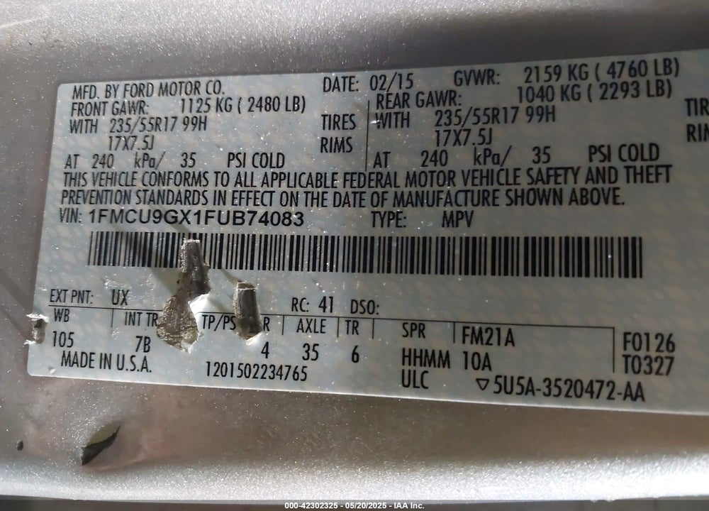 2015 FORD ESCAPE VIN: 1FMCU9GX1FUB74083
