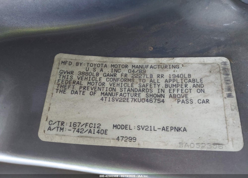 1989 TOYOTA CAMRY VIN: 4T1SV22E7KU046754