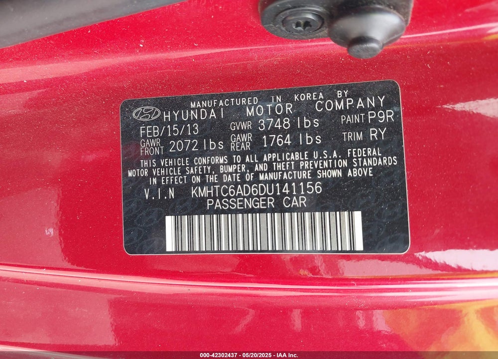2013 HYUNDAI VELOSTER VIN: KMHTC6AD6DU141156