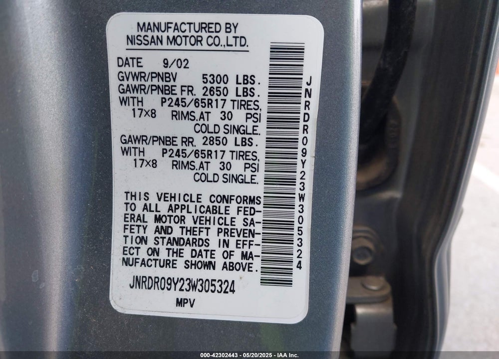 2003 INFINITI QX4 VIN: JNRDR09Y23W305324