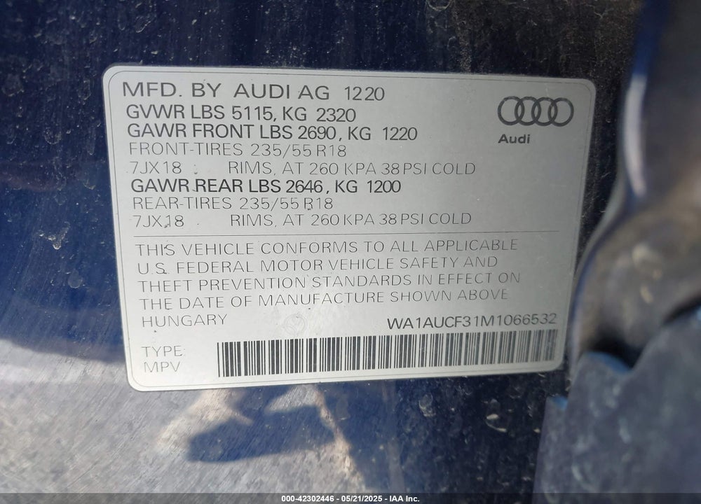 2021 AUDI Q3 VIN: WA1AUCF31M1066532