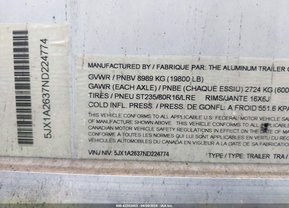 2022 THE ALUMINUM TRAILER --- VIN: 5JX1A2637ND224774