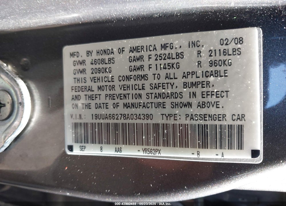 2008 ACUR TL AUTOMATIC W/NAVIG VIN: 19UUA66278A034390