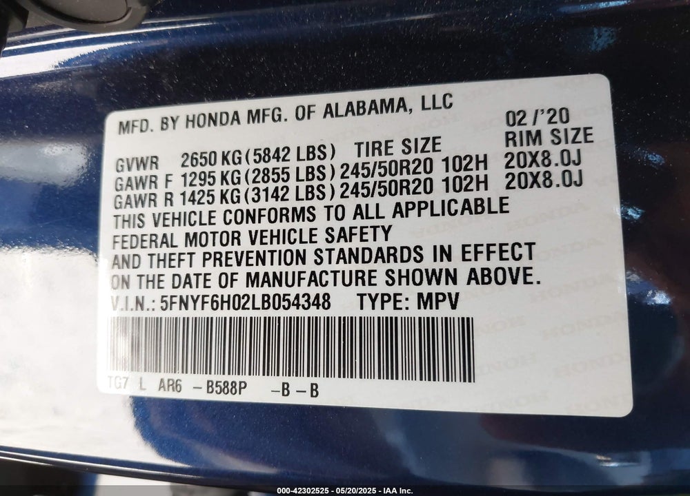 2020 HONDA PILOT VIN: 5FNYF6H02LB054348