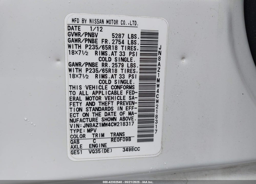2012 NISSAN MURANO VIN: JN8AZ1MW4CW218317