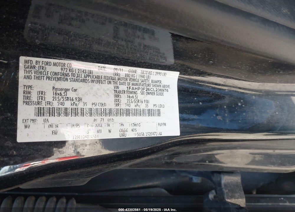 2012 FORD FOCUS VIN: 1FAHP3F26CL236976