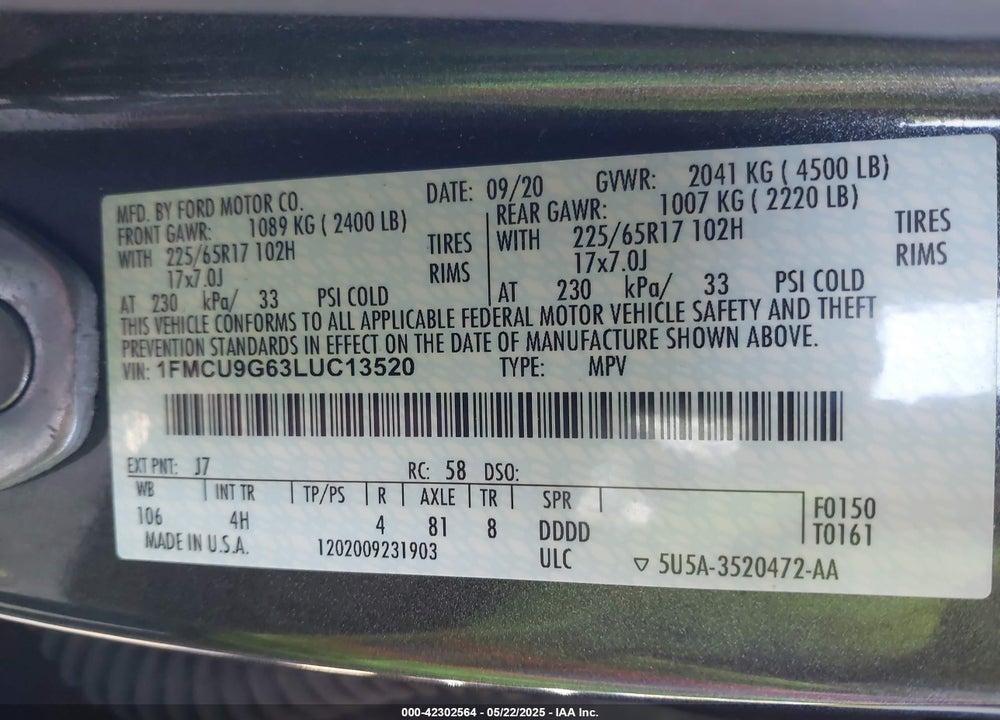 2020 FORD ESCAPE SE VIN: 1FMCU9G63LUC13520