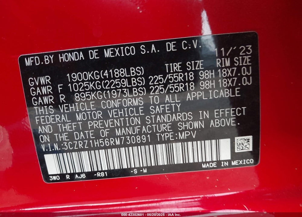 2024 HONDA HR-V VIN: 3CZRZ1H56RM730891