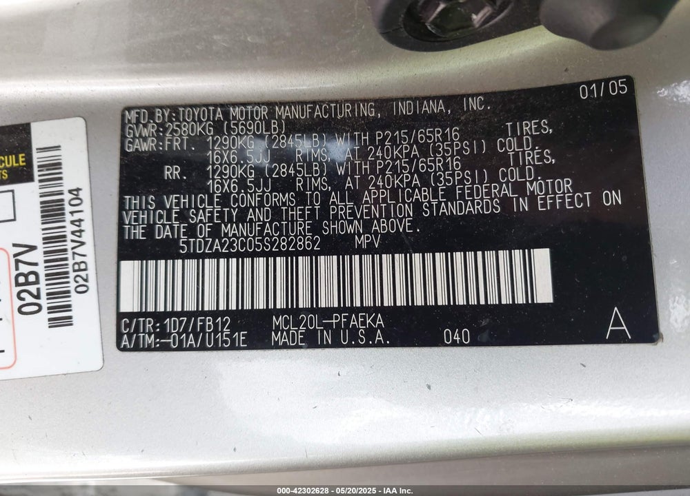 2005 TOYOTA SIENNA CE/LE VIN: 5TDZA23C05S282862