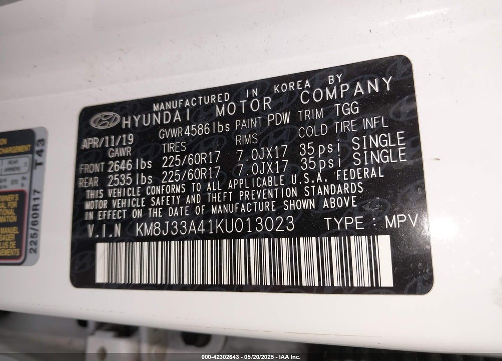 2019 HYUNDAI TUCSON VALUE VIN: KM8J33A41KU013023