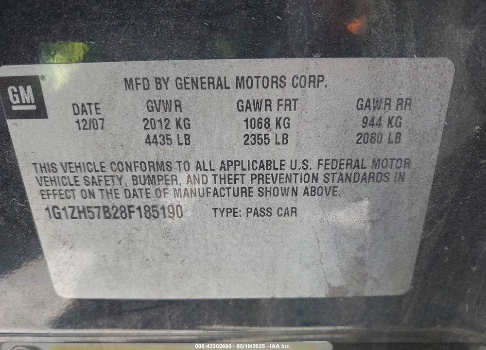 2008 CHEVROLET MALIBU VIN: 1G1ZH57B28F185190