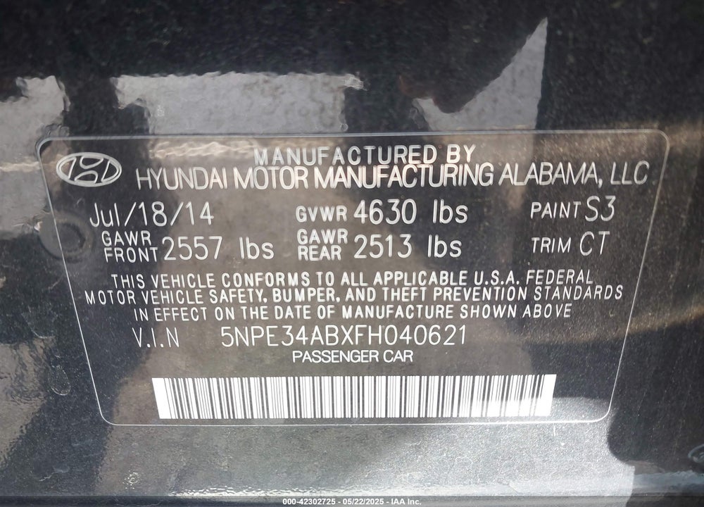 2015 HYUNDAI SONATA VIN: 5NPE34ABXFH040621