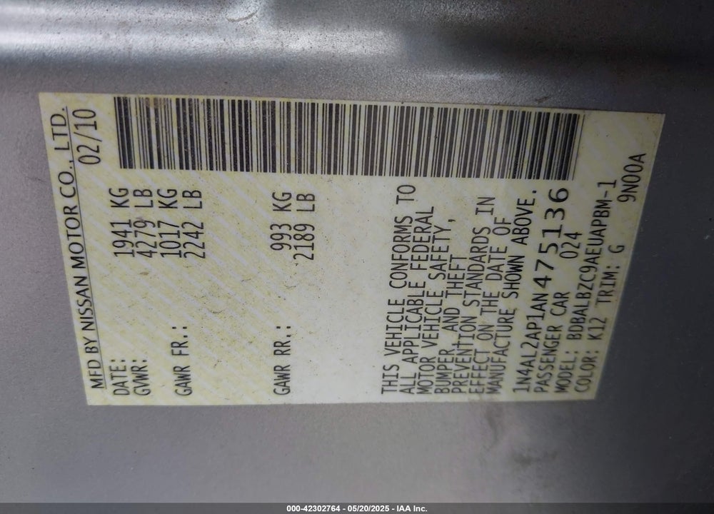2010 NISSAN ALTIMA 2.5 S VIN: 1N4AL2AP1AN475136