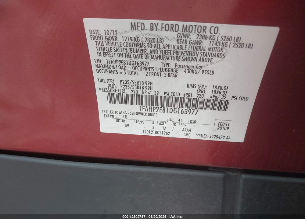 2013 FORD TAURUS SEL VIN: 1FAHP2E81DG163977
