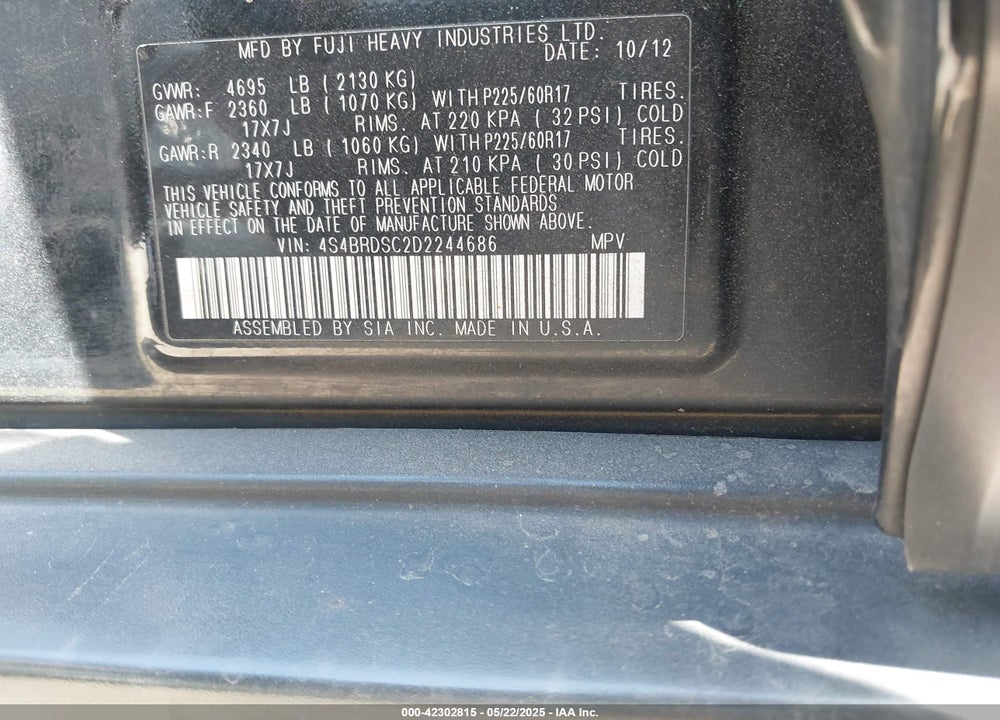 2013 SUBARU OUTBACK 3.6R LIMITED VIN: 4S4BRDSC2D2244686