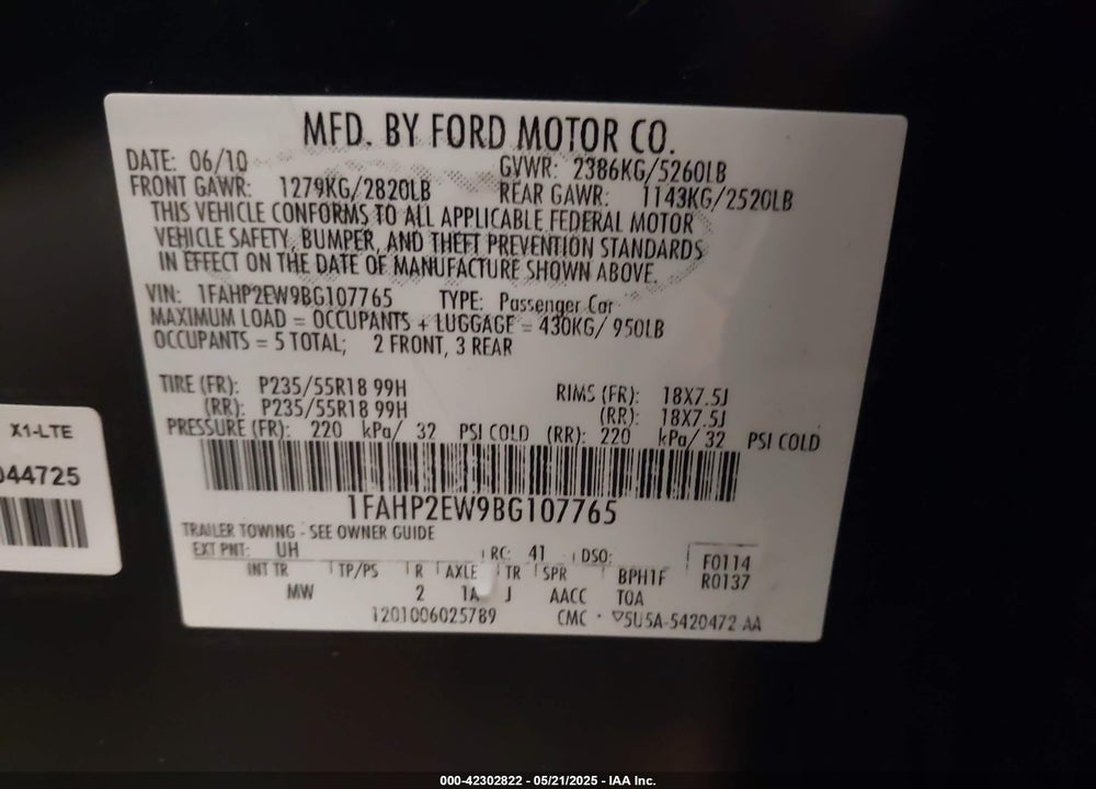 2011 FORD TAURUS VIN: 1FAHP2EW9BG107765