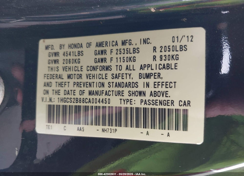 2012 HONDA ACCORD 3.5 EX-L VIN: 1HGCS2B88CA004450
