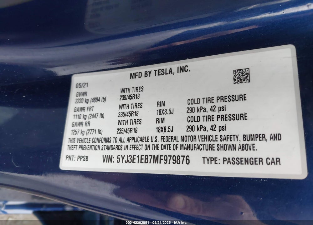 2021 TESLA MODEL 3 LONG RANGE DUAL MOTOR ALL-WHEEL DRIVE VIN: 5YJ3E1EB7MF979876