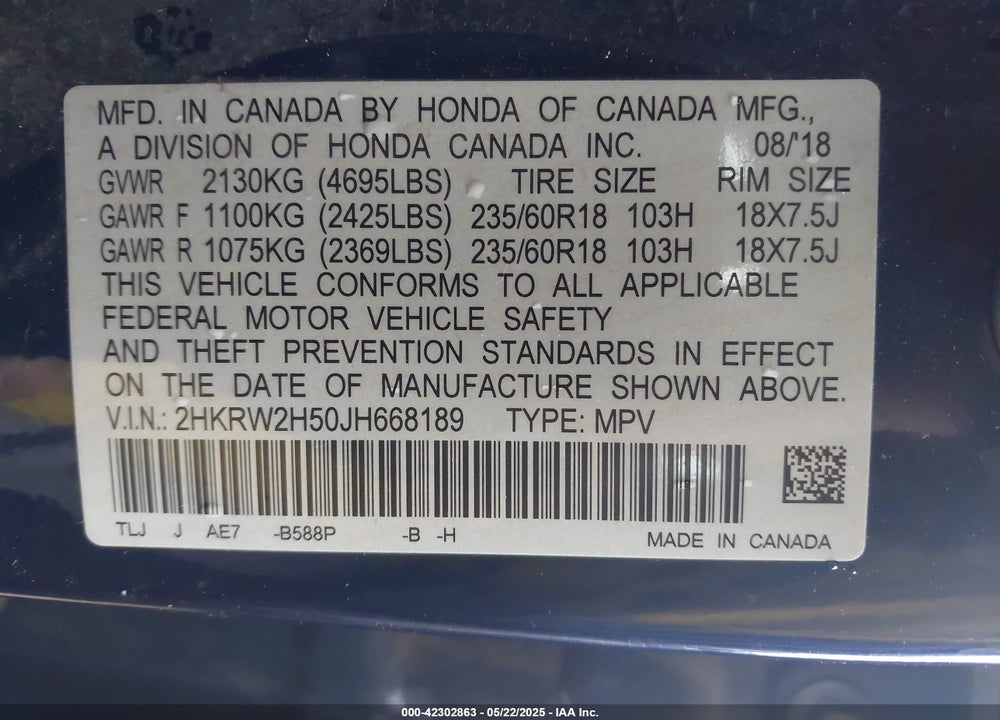 2018 HONDA CR-V VIN: 2HKRW2H50JH668189
