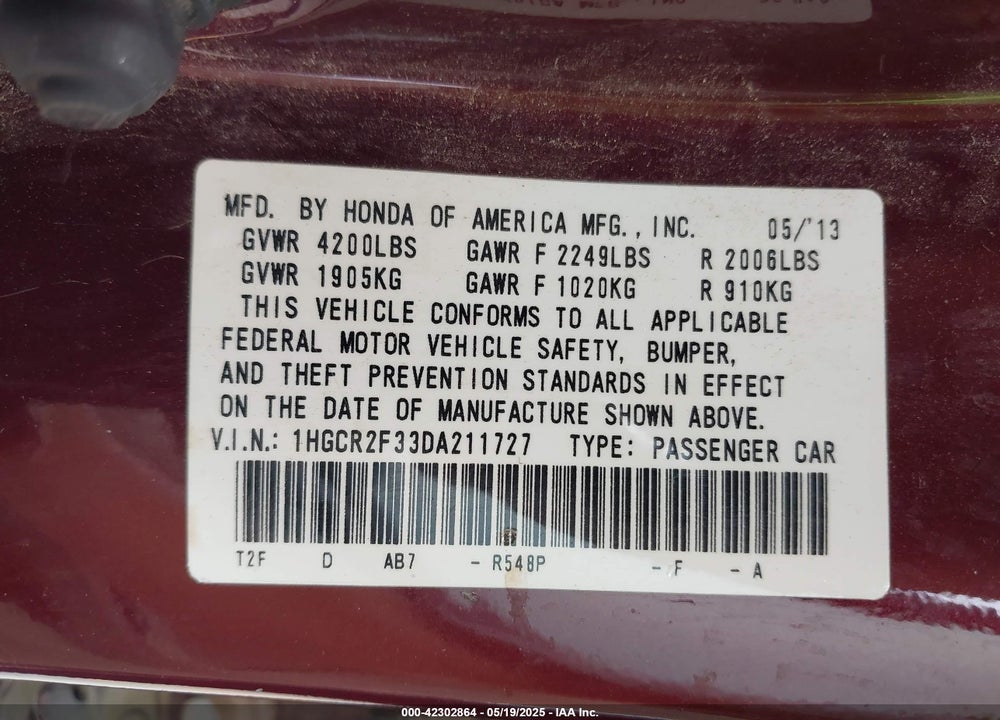 2013 HONDA ACCORD VIN: 1HGCR2F33DA211727