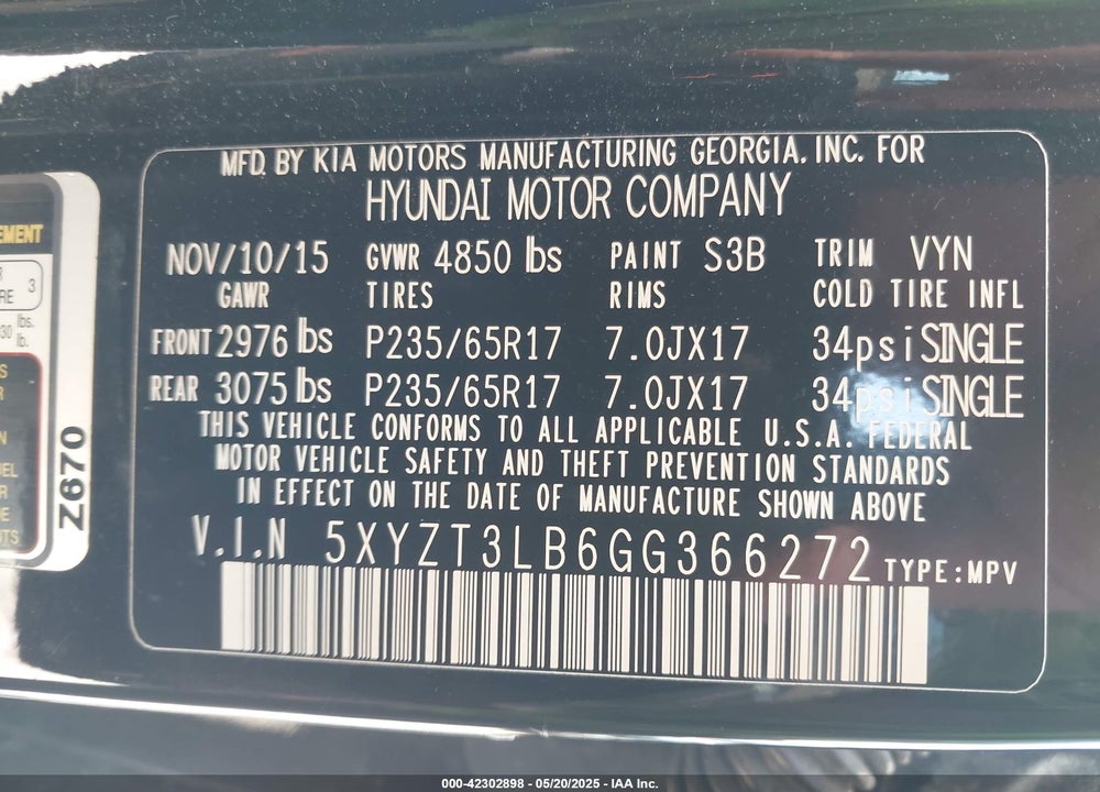 2016 HYUNDAI SANTA FE SPORT VIN: 5XYZT3LB6GG366272