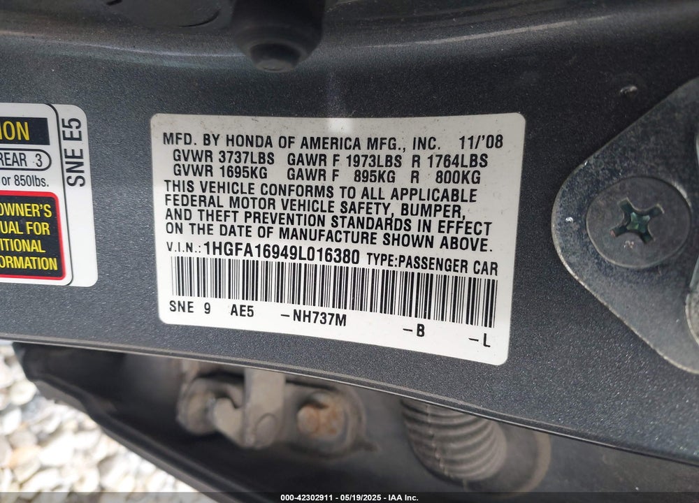 2009 HONDA CIVIC VIN: 1HGFA16949L016380