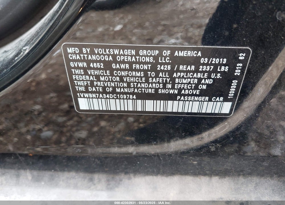2013 VOLKSWAGEN PASSAT 2.0L TDI SE VIN: 1VWBN7A34DC109784