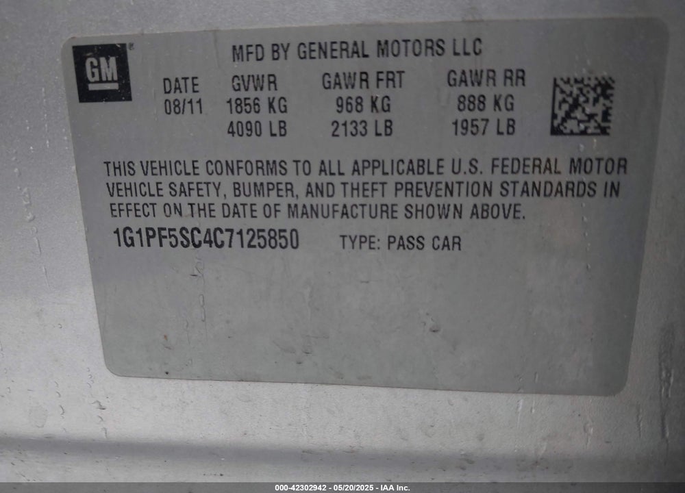 2012 CHEVROLET CRUZE VIN: 1G1PF5SC4C7125850