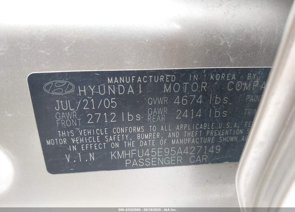 2005 HYUNDAI XG350 L VIN: KMHFU45E95A427149