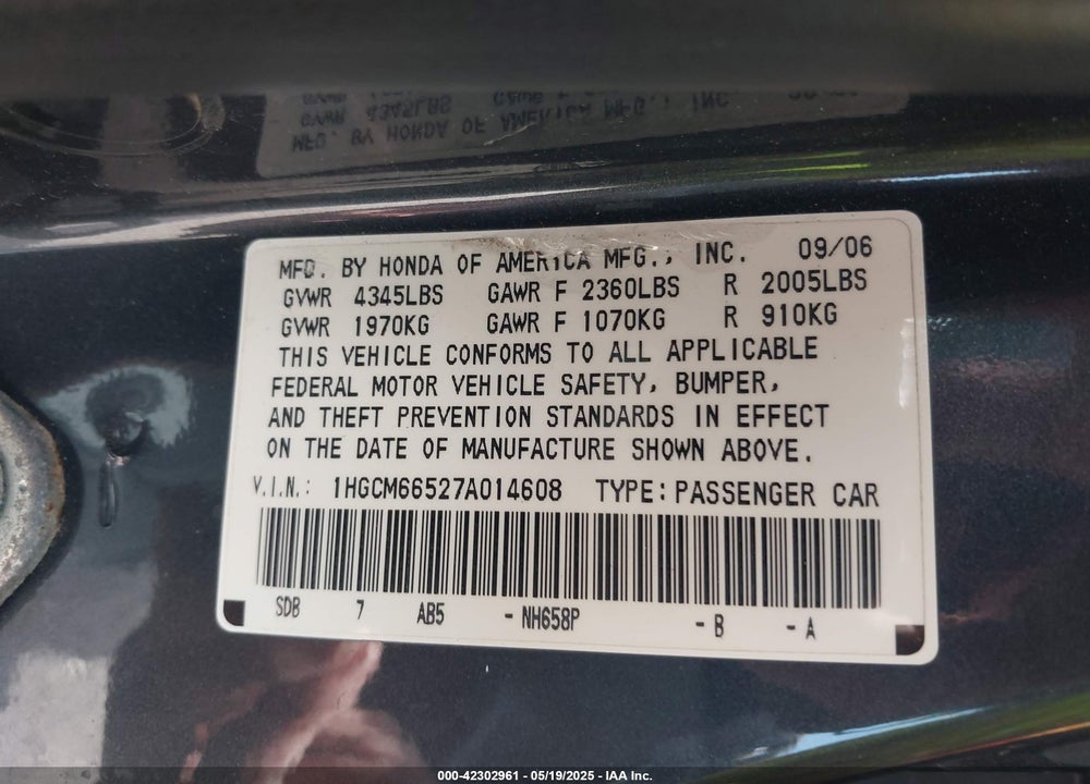 2007 HONDA ACCORD 3.0 EX VIN: 1HGCM66527A014608