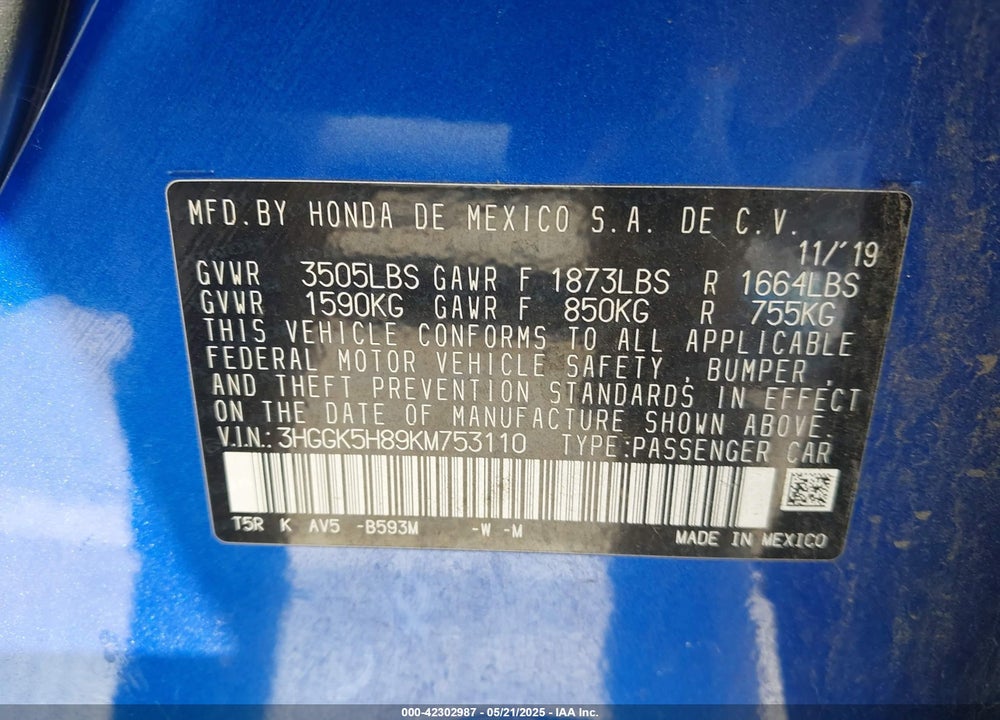 2019 HONDA FIT VIN: 3HGGK5H89KM753110