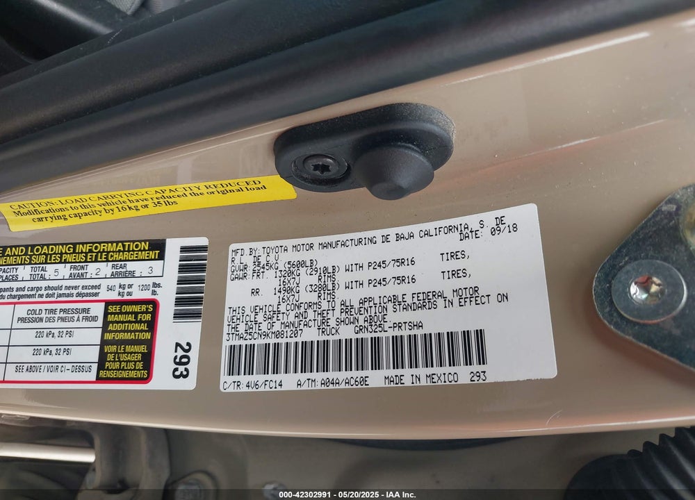 2019 TOYOTA TACOMA SR5 V6 VIN: 3TMAZ5CN9KM081207