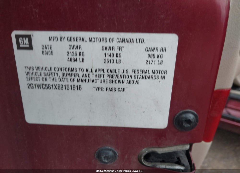 2006 CHEVROLET IMPALA LT VIN: 2G1WC581X69151916