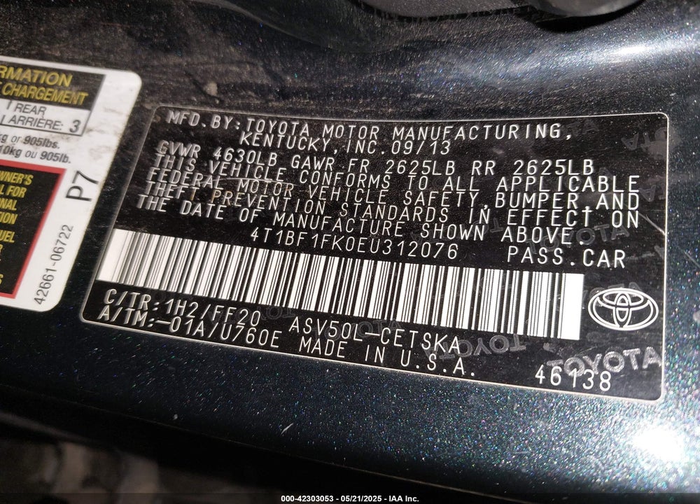 2014 TOYOTA CAMRY VIN: 4T1BF1FK0EU312076