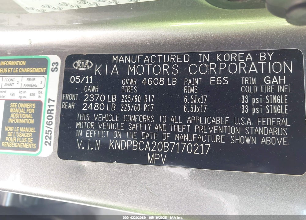 2011 KIA SPORTAGE LX VIN: KNDPBCA20B7170217