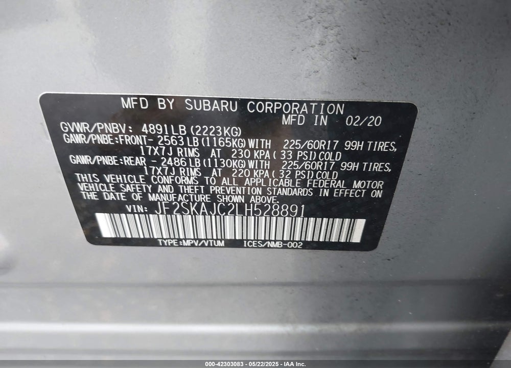 2020 SUBARU FORESTER VIN: JF2SKAJC2LH528891