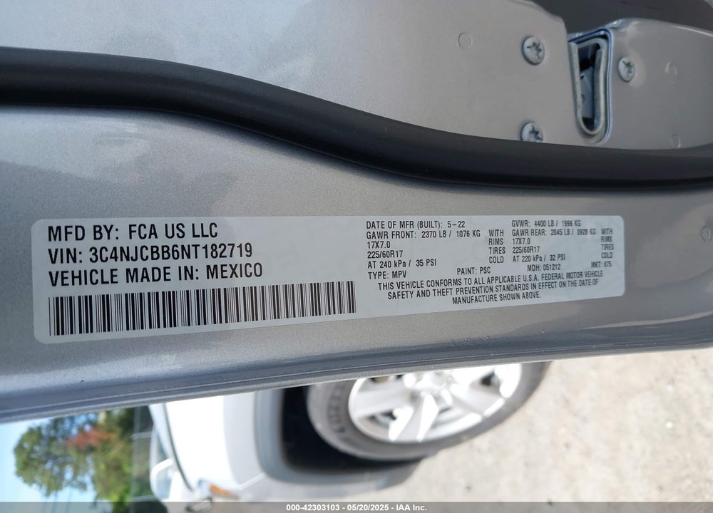 2022 JEEP COMPASS VIN: 3C4NJCBB6NT182719