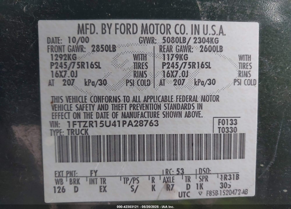 2001 FORD RANGER EDGE/XLT VIN: 1FTZR15U41PA28763