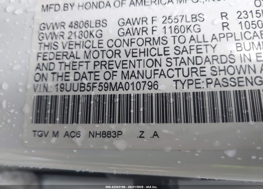 2021 ACURA TLX VIN: 19UUB5F59MA010796
