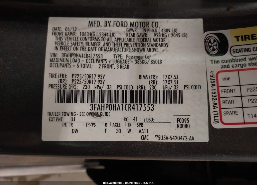 2012 FORD FUSION VIN: 3FAHP0HA1CR417553