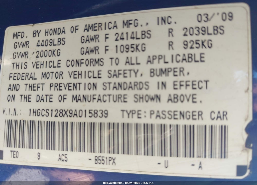 2009 HONDA ACCORD VIN: 1HGCS128X9A015839
