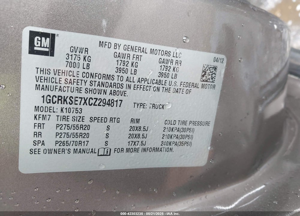 2012 CHEVROLET SILVERADO 1500 VIN: 1GCRKSE7XCZ294817