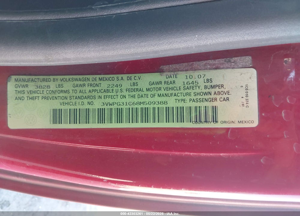 2008 VOLKSWAGEN NEW BEETLE S VIN: 3VWPG31C68M509388