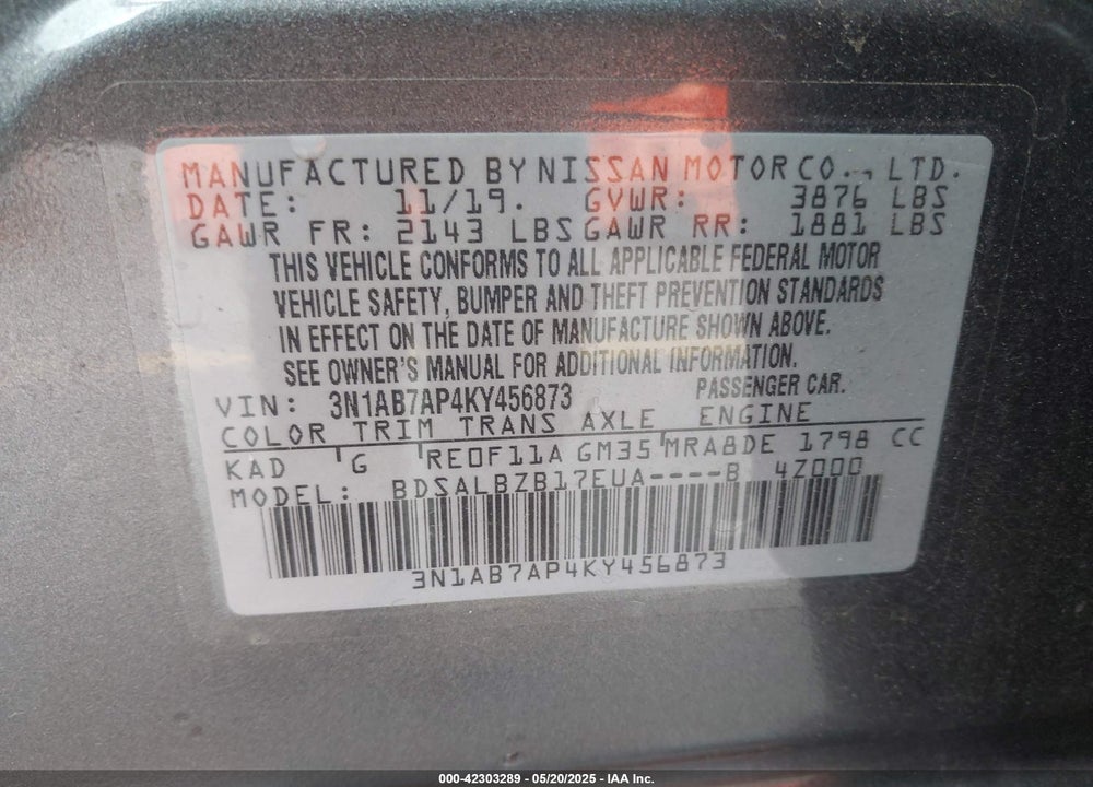 2019 NISSAN SENTRA S VIN: 3N1AB7AP4KY456873