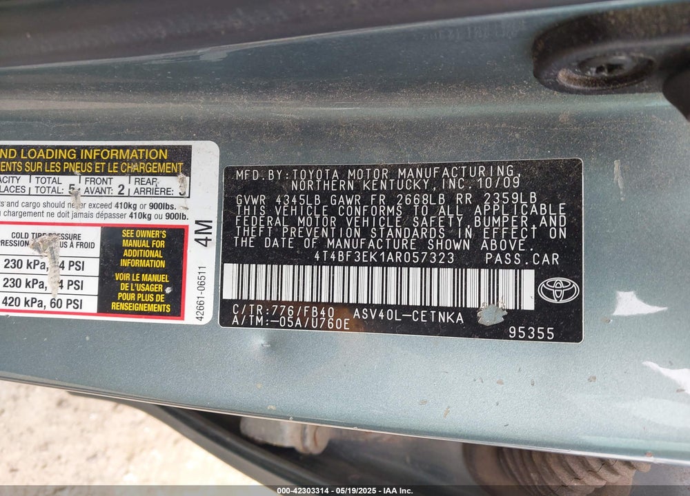 2010 TOYOTA CAMRY VIN: 4T4BF3EK1AR057323